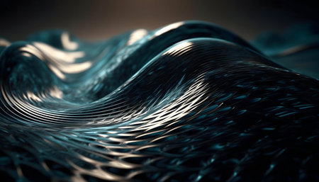 Abstract digital art depicting flowing metallic waves. Teal and black tones create a sleek, modern...