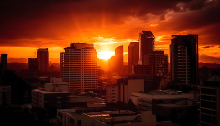 Stunning sunset paints the city in warm hues. Skyscrapers stand tall against a dramatic sky.の写真素材