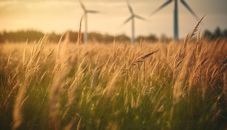 Golden hour sunlight bathes tall grass and wind turbines.の写真素材