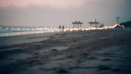 A tranquil beach at twilight, softly lit by distant lights. Serene atmosphere.の写真素材