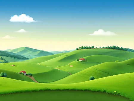Rolling green hills under a bright sky. Charming farmhouses dot the landscape. Peaceful and serene.の写真素材