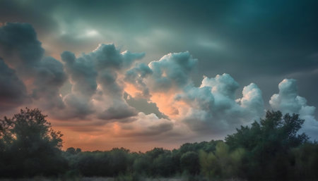 Stunning sunset with dramatic clouds and silhouetted trees.の写真素材