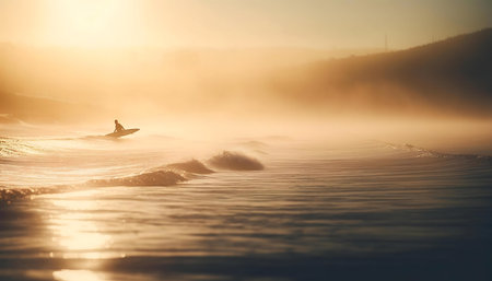 Surfer at sunset, golden hour, ocean waves