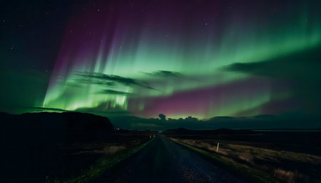 Stunning aurora borealis over Icelandic roadの写真素材
