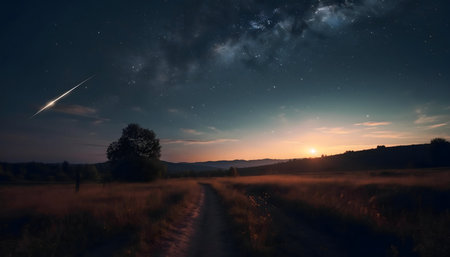 Magical night landscape with a shooting star, milky way, and sunset.の写真素材