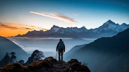 Hiker enjoys sunrise view of mountain range.の写真素材