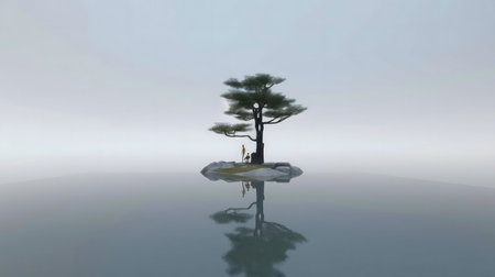 A solitary tree on a small misty island, reflected in calm water. Evokes peace.の写真素材