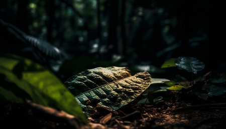 A single leaf rests on the forest floor, bathed in subtle light. Nature's tranquility.の写真素材