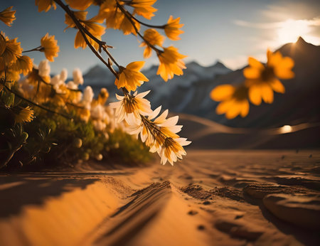 Desert flowers at sunset. Golden hour light illuminates the scene.の写真素材