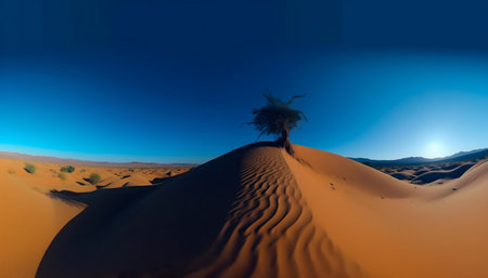 A lone tree stands on a desert dune, under an expansive blue sky. The scene evokes a feeling of serenity and vastness.の写真素材