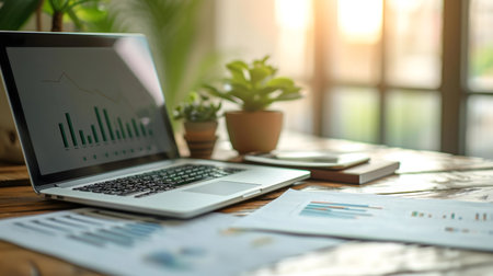 A laptop displaying financial charts sits on a desk with documents and plants. Sunlight streams through a windowの写真素材