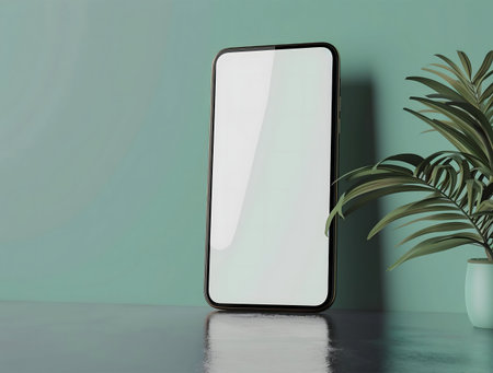 A clean mockup of a smartphone with a blank screen, next to a tropical plant. Modern and minimalist aesthetic.の写真素材