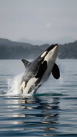 An orca whale dramatically leaps from the ocean, creating a stunning splash. Mountains form a serene backdrop.の写真素材
