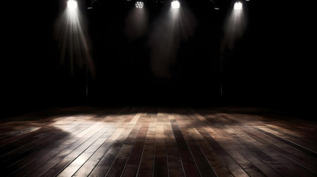 Empty dark stage with three spotlights illuminating a wooden floor. Perfect background for theatrical productions.の写真素材
