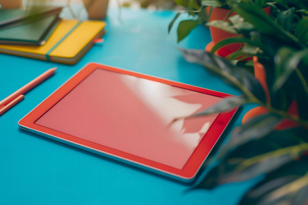 A red tablet rests on a blue desk, surrounded by notebooks and plants. A scene of calm productivity.