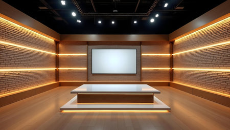 Clean modern TV studio set design with warm lighting