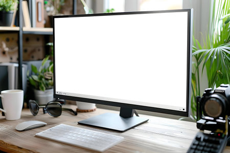 A modern home office setup featuring a blank computer screen, keyboard, mouse, and camera.の写真素材