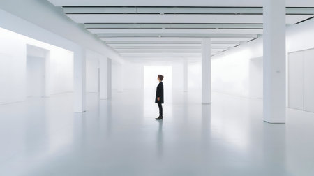 A lone woman stands in a vast, white gallery. Minimalist architecture, calm atmosphere.