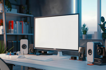 A clean, modern home office setup featuring a large blank computer screen, keyboard, mouse,...