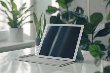 A white tablet rests on a desk among lush green plants, creating a calming workspace atmosphere.の写真素材