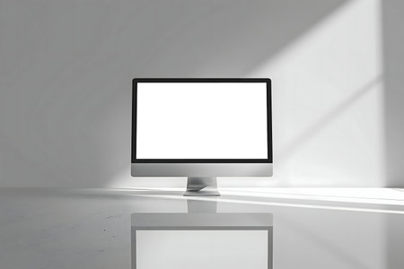 A pristine white computer sits on a sleek reflective desk, bathed in sunlight. Minimalist design.