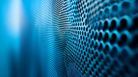 Close-up view of a perforated blue metal sheet with a unique texture and pattern.の写真素材