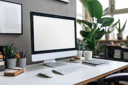 Clean, minimalist home office with a computer, plants, and stylish accessories.の写真素材