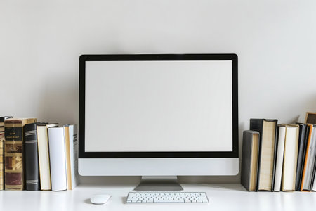 An all white minimalist workspace with a computer, books, and a keyboard.の写真素材