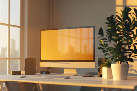 A minimalist home office bathed in the warm glow of sunset, featuring a modern computer setup and potted plants.の写真素材