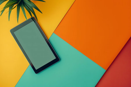 A tablet rests on a vibrant multicolored background.の写真素材