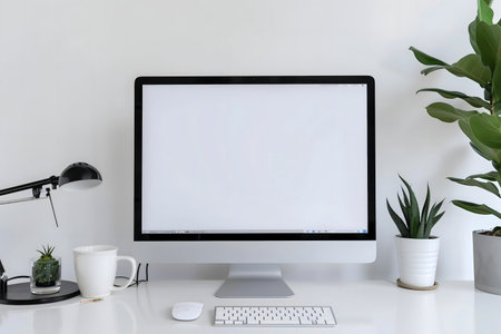 Clean workspace featuring a monitor, plants, and essential desk items. Modern minimalist setup ideal for productivity.の写真素材