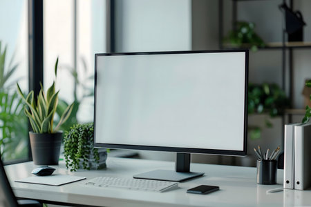A pristine workspace featuring a modern computer with a blank screen, surrounded by greenery.の写真素材