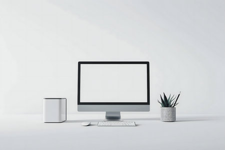 Clean minimalist workspace with a modern computer, keyboard, mouse, and a small plant on a white...