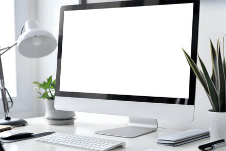 Clean workspace with a blank computer screen, keyboard, mouse and plantsの写真素材