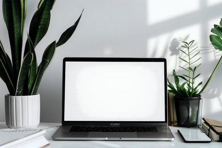A clean workspace with a laptop, plants, and minimalist decor. Perfect for remote work or studying.の写真素材