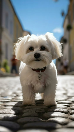 A charming white Maltese puppy stands on a cobblestone street. Sunny day, adorable pet.の写真素材