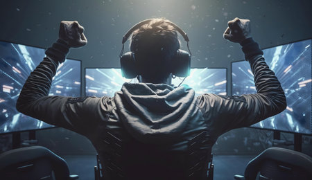 A gamer celebrates a victory, arms raised in triumph. The scene is set in a dimly lit gaming room with multiple monitors displaying dynamic game visuals.の写真素材