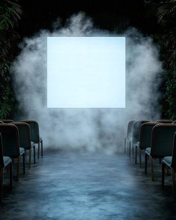 Foggy interior with chairs and a large white screen.