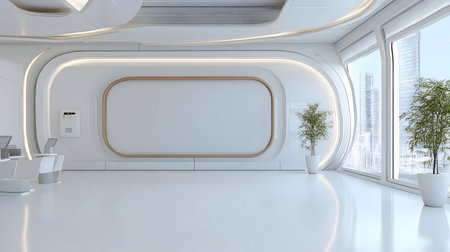 Modern, white office interior with city view. Futuristic design with clean lines and plants.