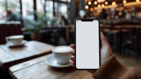 Person holding a smartphone with a blank white screen in a coffee shop. Cozy atmosphere.の写真素材