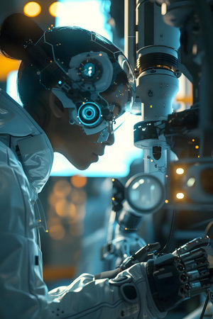 A futuristic scientist interacts with advanced robotic machinery in a cutting-edge laboratory setting.の写真素材