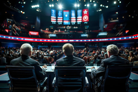 Three presidential candidates sit on stage before a large audience at a political convention.