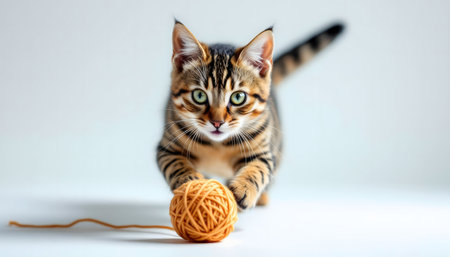 An adorable kitten playfully interacts with a ball of yarn. The image is heartwarming and captures a moment of pure feline joy.の写真素材