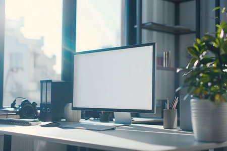 Clean, modern office setup with a blank computer screen, bathed in sunlight.