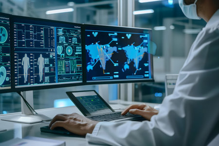 A scientist in a lab analyzes complex global data on multiple screens.