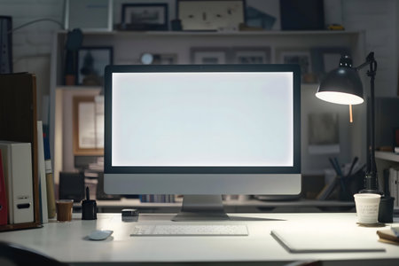 A dimly lit workspace featuring a desktop computer with a blank screen, illuminated by a desk lamp. Files and books are visible.の写真素材