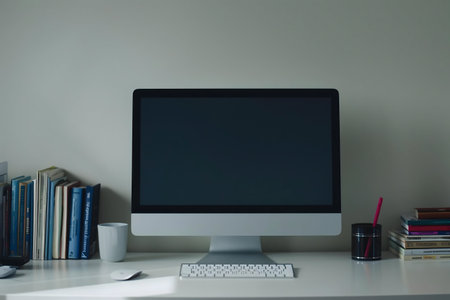 A clean, minimalist workspace featuring an iMac, books, and other accessories on a white desk. Calm...