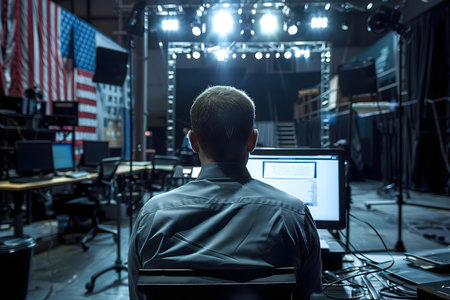 A man sits at a computer in a live broadcast studio, focused on the screen. The scene shows a backstage setup with cables and lighting.の写真素材