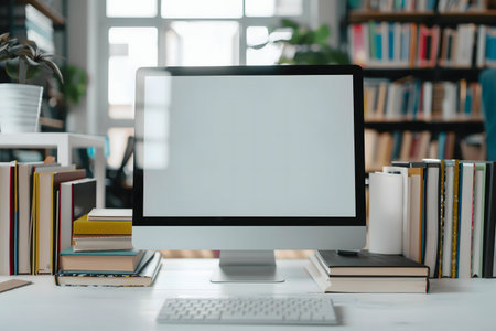 A minimalist workspace featuring a blank computer screen, surrounded by stacks of books. Ideal for showcasing technology or education.の写真素材