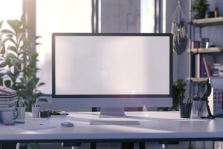 A sunlit modern workspace featuring a blank computer screen on a clean white desk.